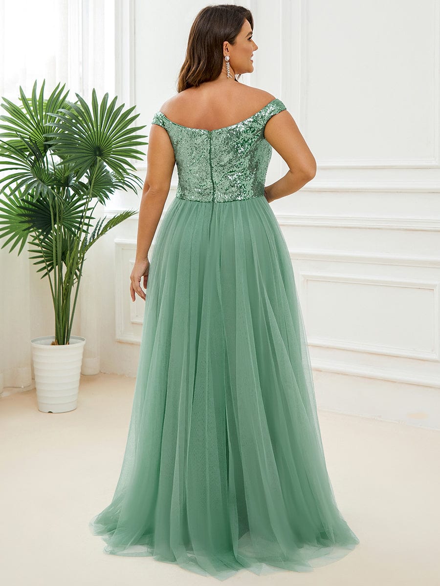 Plus Size Stunning High Waist Tulle & Sequin Sleeveless Evening Dress #color_Green Bean