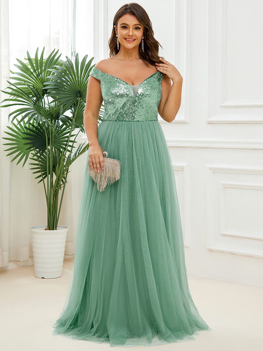 Plus Size Stunning High Waist Tulle & Sequin Sleeveless Evening Dress #color_Green Bean