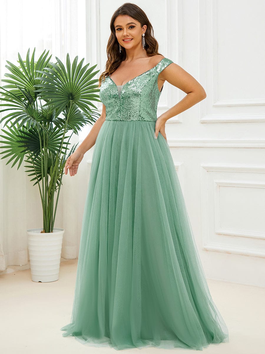 Plus Size Stunning High Waist Tulle & Sequin Sleeveless Evening Dress #color_Green Bean