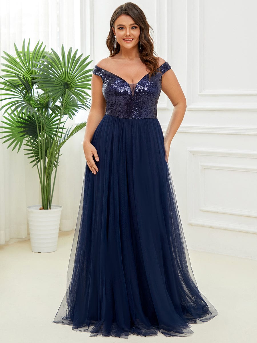 Plus Size Stunning High Waist Tulle & Sequin Sleeveless Evening Dress #color_Navy Blue