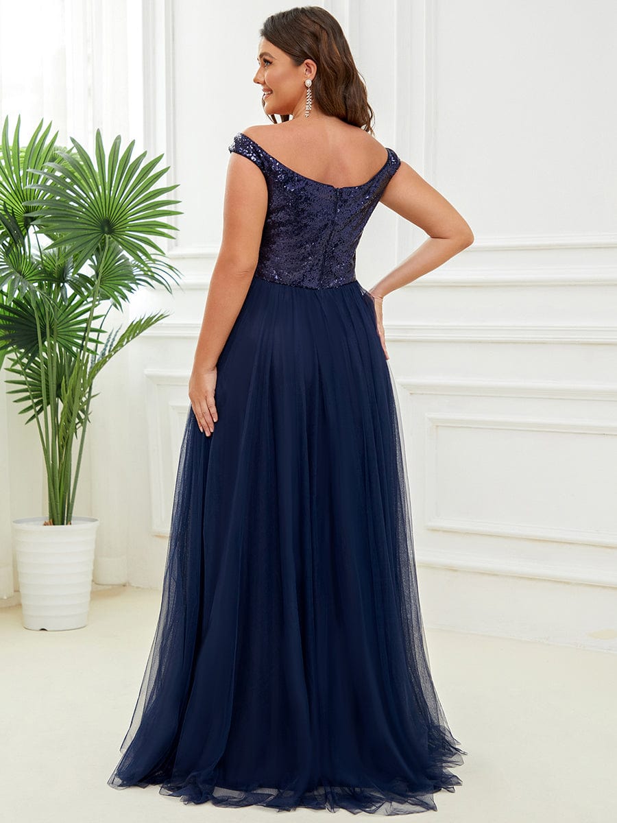 Plus Size Stunning High Waist Tulle & Sequin Sleeveless Evening Dress #color_Navy Blue