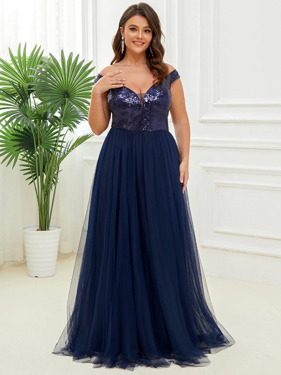 Plus Size Stunning High Waist Tulle & Sequin Sleeveless Evening Dress #color_Navy Blue