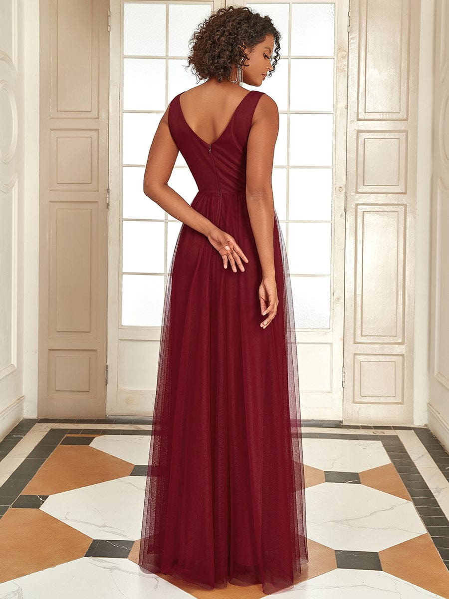 Sleeveless V Neck Sequin Long Evening Dress #color_Burgundy