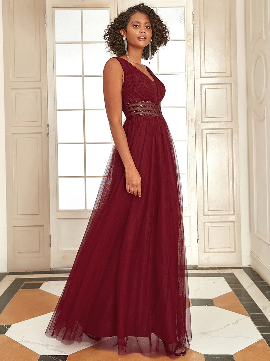 Sleeveless V Neck Sequin Long Evening Dress #color_Burgundy