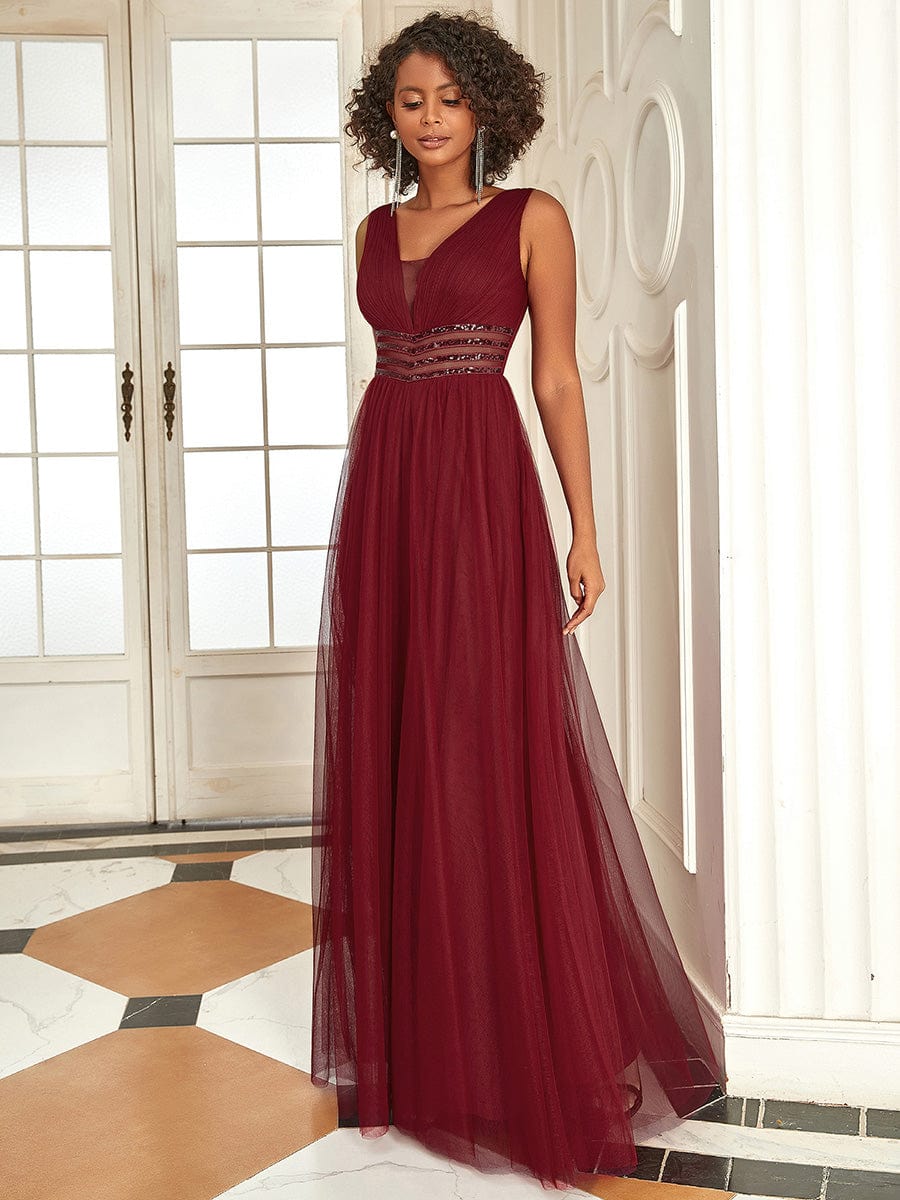 Sleeveless V Neck Sequin Long Evening Dress #color_Burgundy