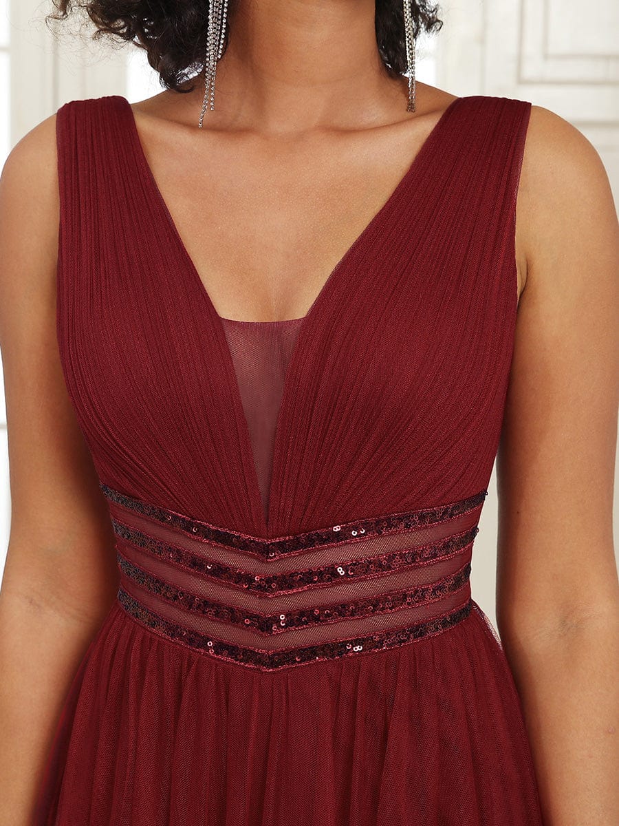 Sleeveless V Neck Sequin Long Evening Dress #color_Burgundy