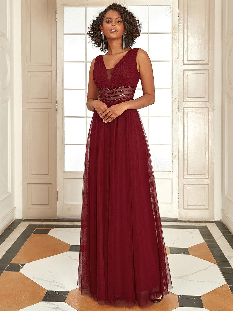 Sleeveless V Neck Sequin Long Evening Dress #color_Burgundy