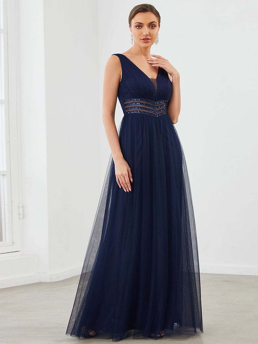 Sleeveless V Neck Sequin Long Evening Dress #color_Navy Blue