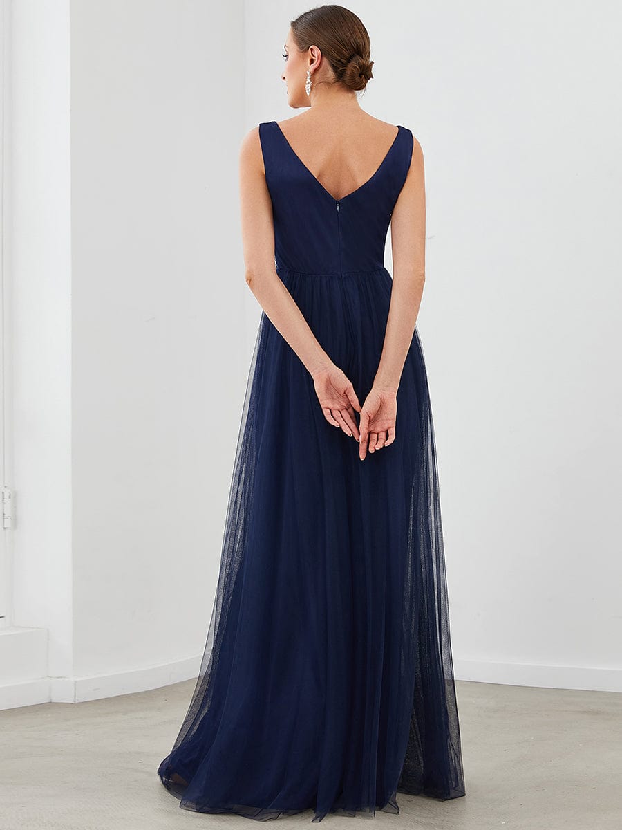 Sleeveless V Neck Sequin Long Evening Dress #color_Navy Blue