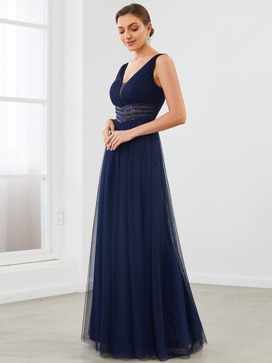 Sleeveless V Neck Sequin Long Evening Dress #color_Navy Blue