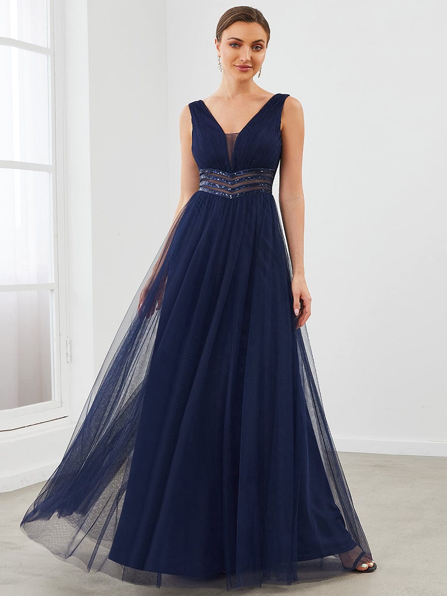 Sleeveless V Neck Sequin Long Evening Dress #color_Navy Blue