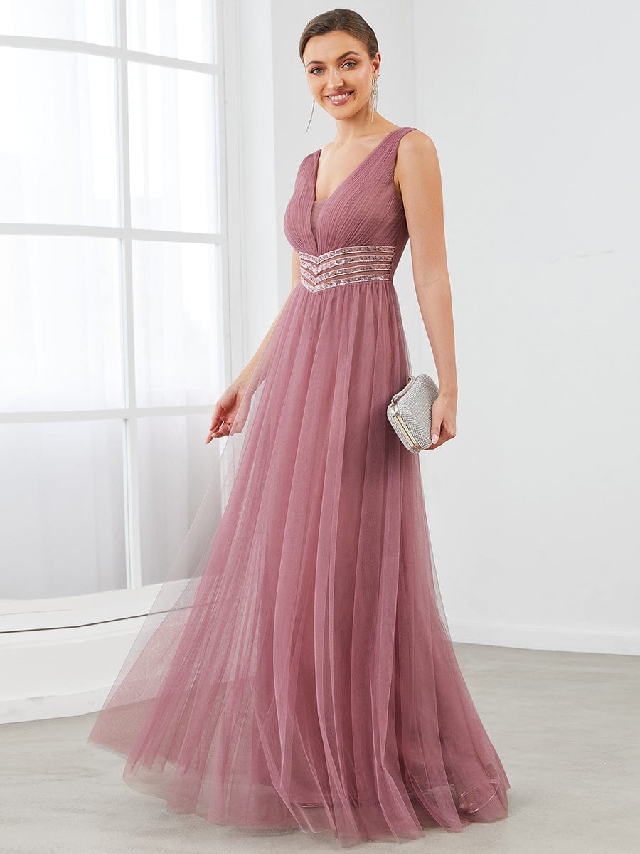 Sleeveless V Neck Sequin Long Evening Dress #color_Purple Orchid