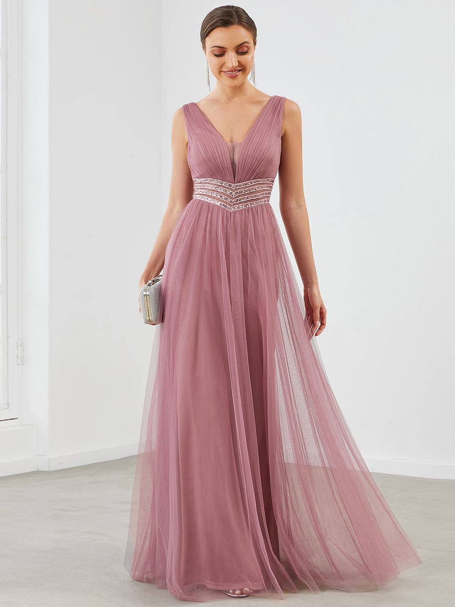 Sleeveless V Neck Sequin Long Evening Dress #color_Purple Orchid