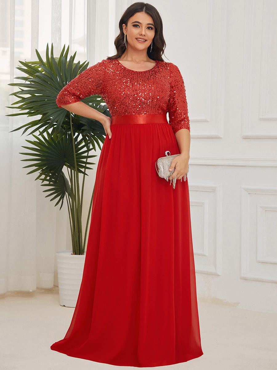 3/4 Sleeves Round Neck Sparkling Evening Dress With Sequin #color_Red