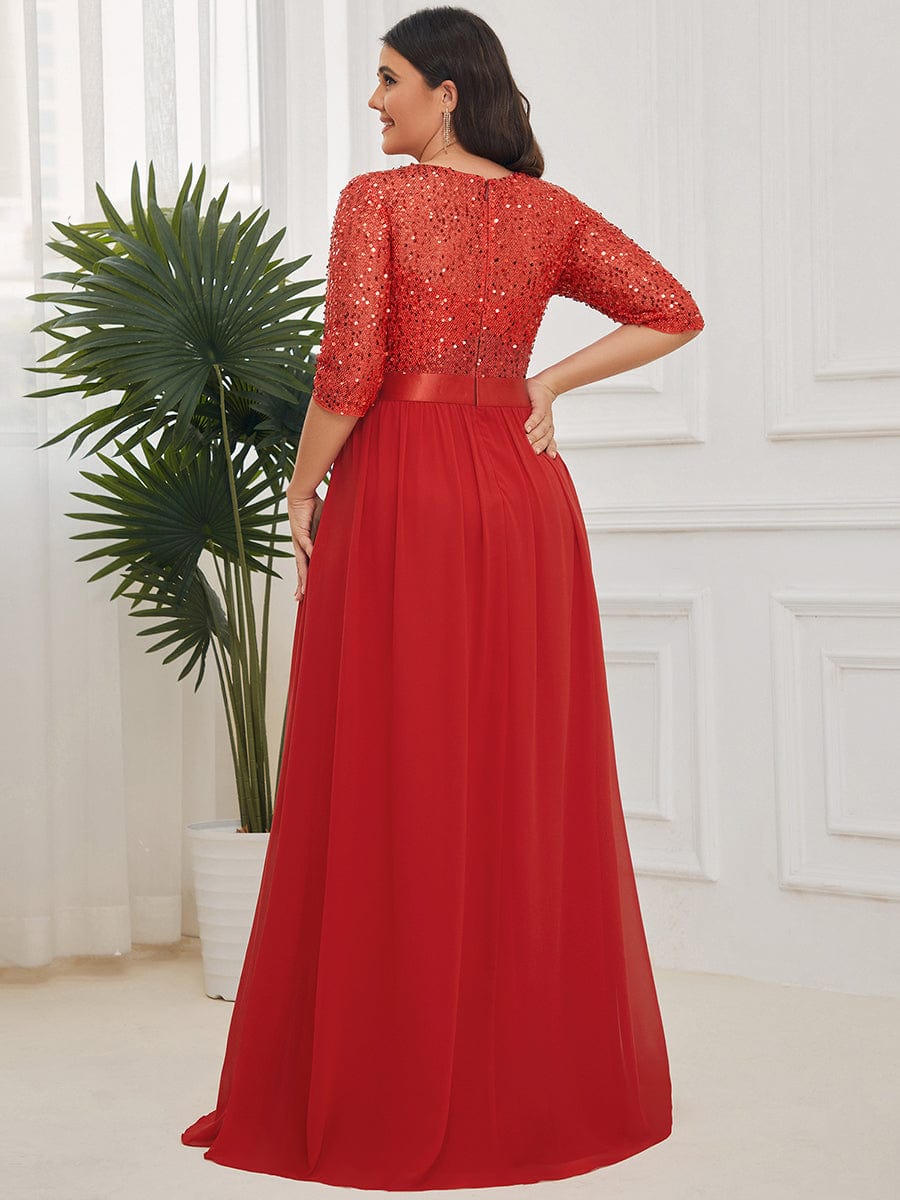 3/4 Sleeves Round Neck Sparkling Evening Dress With Sequin #color_Red