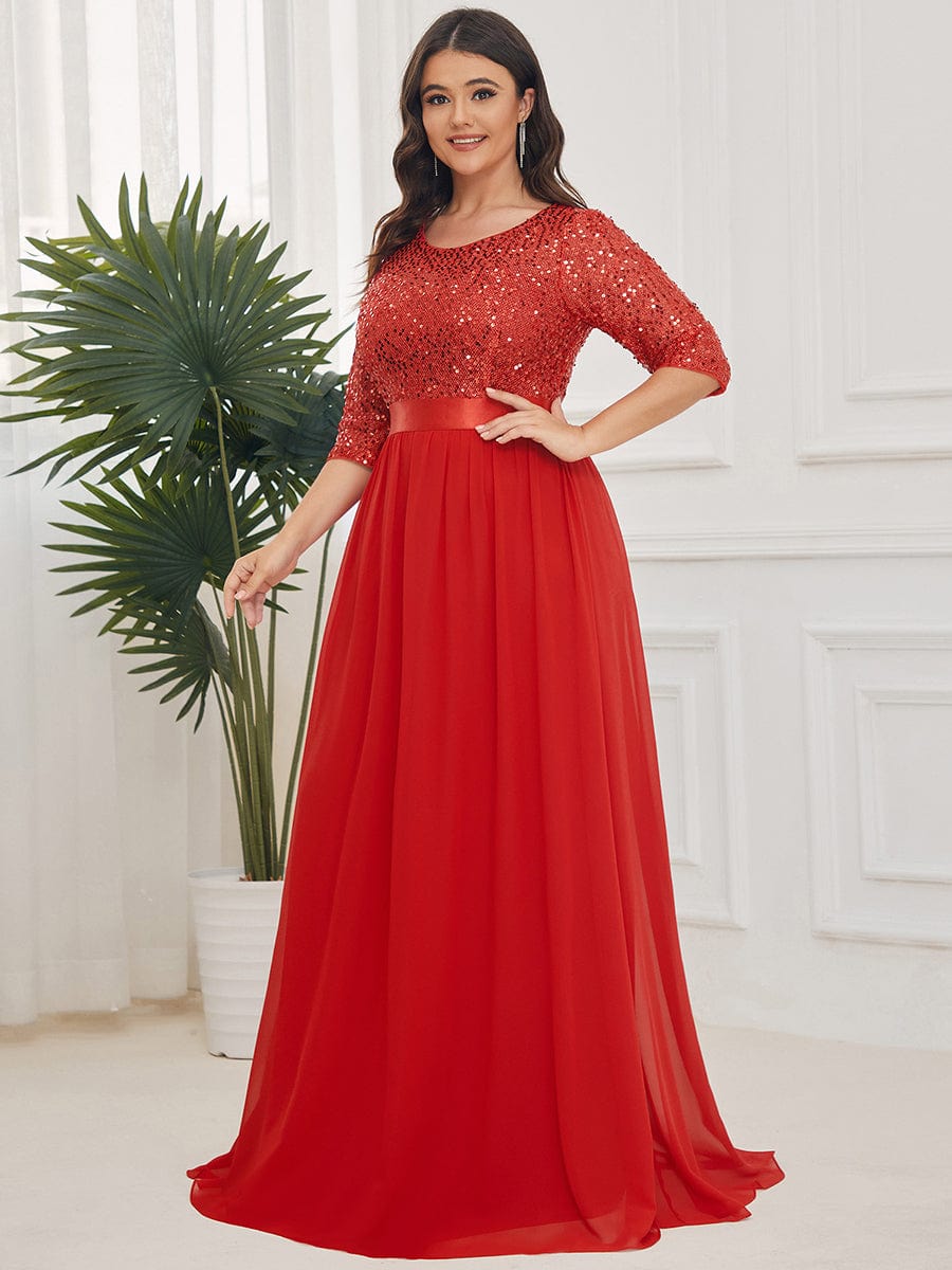 3/4 Sleeves Round Neck Sparkling Evening Dress With Sequin #color_Red