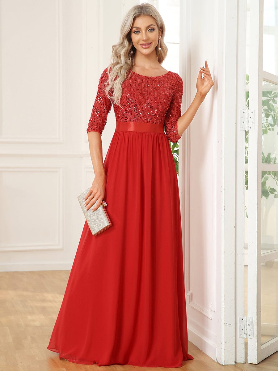 3/4 Sleeves Round Neck Sparkling Evening Dress With Sequin #color_Red