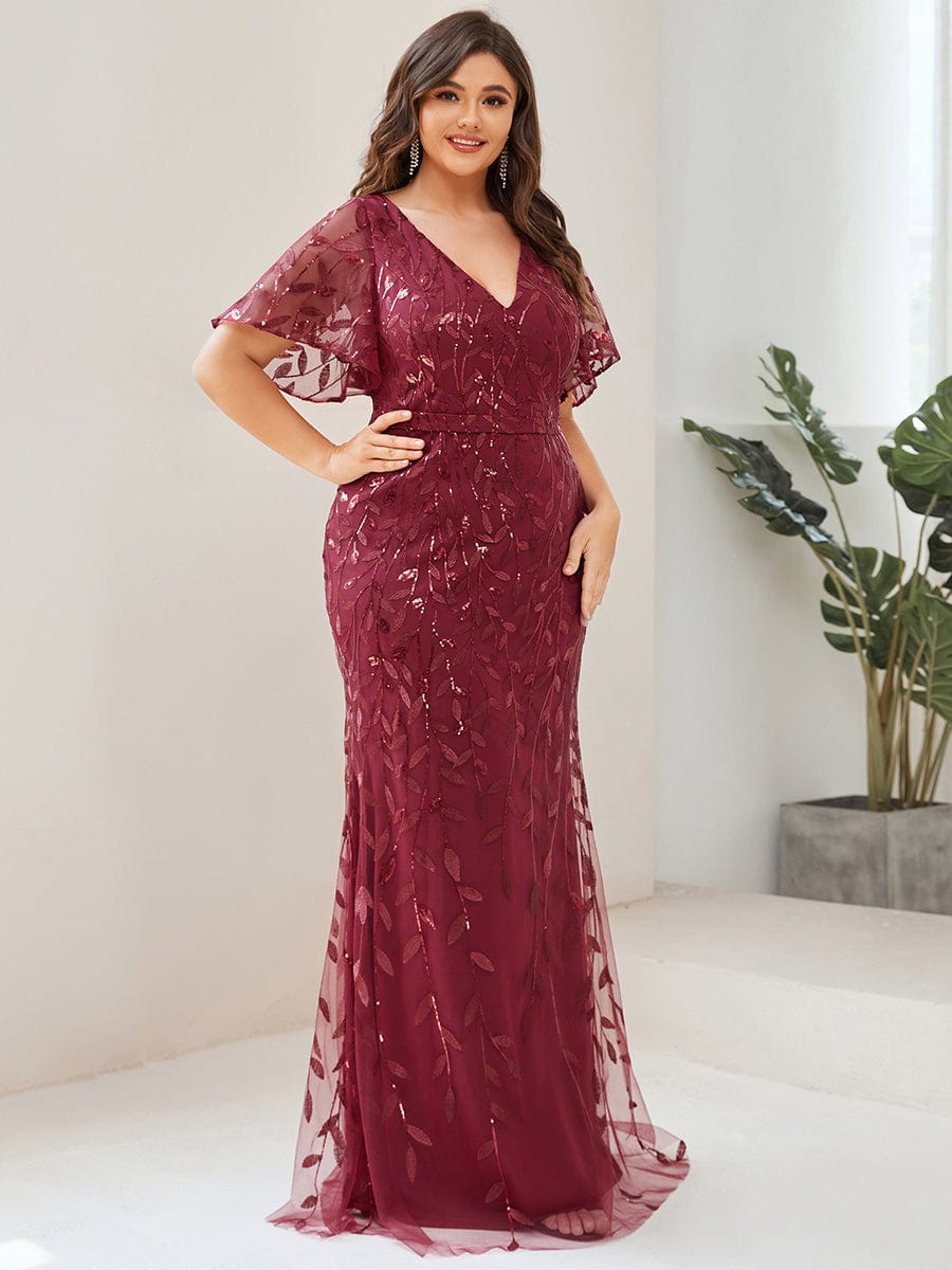 Fashion Plus Size V Neck Mermaid Sequin & Tulle Evening Dress #color_Burgundy