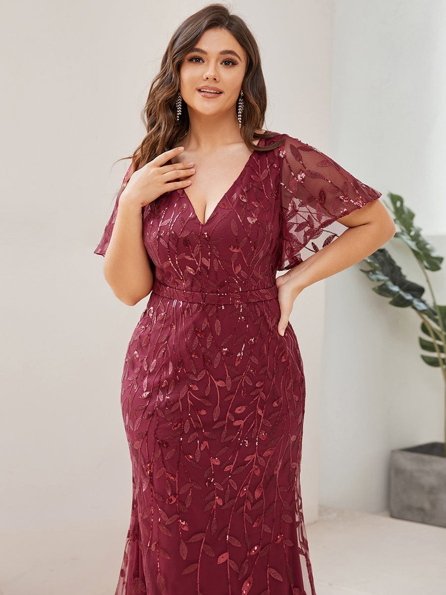 Fashion Plus Size V Neck Mermaid Sequin & Tulle Evening Dress #color_Burgundy