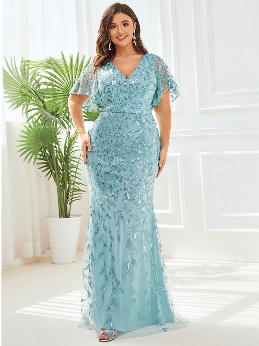 Fashion Plus Size V Neck Mermaid Sequin & Tulle Evening Dress #color_Dusty Blue