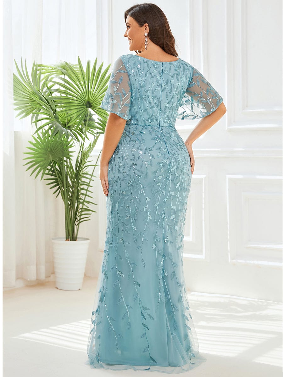 Fashion Plus Size V Neck Mermaid Sequin & Tulle Evening Dress #color_Dusty Blue