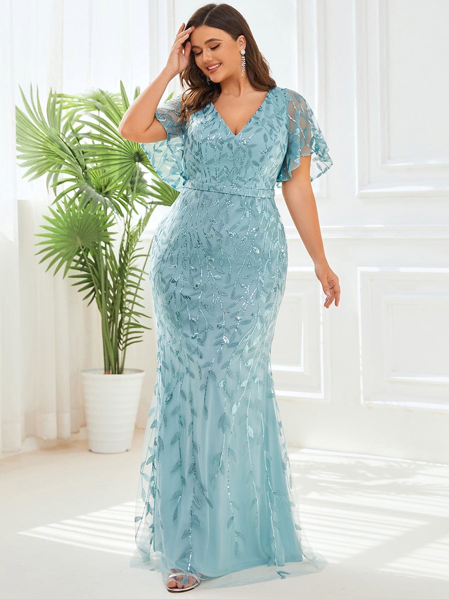 Fashion Plus Size V Neck Mermaid Sequin & Tulle Evening Dress #color_Dusty Blue