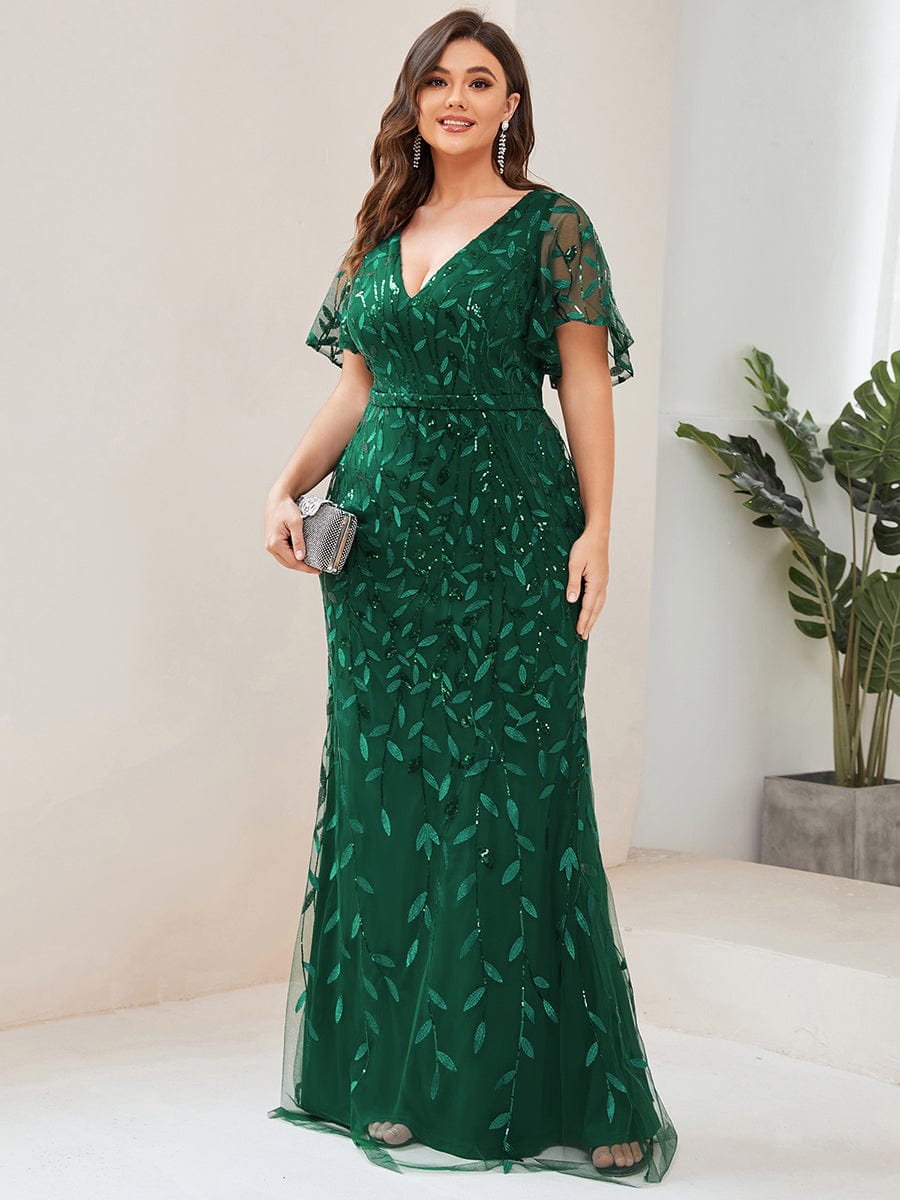 Fashion Plus Size V Neck Mermaid Sequin & Tulle Evening Dress #color_Dark Green