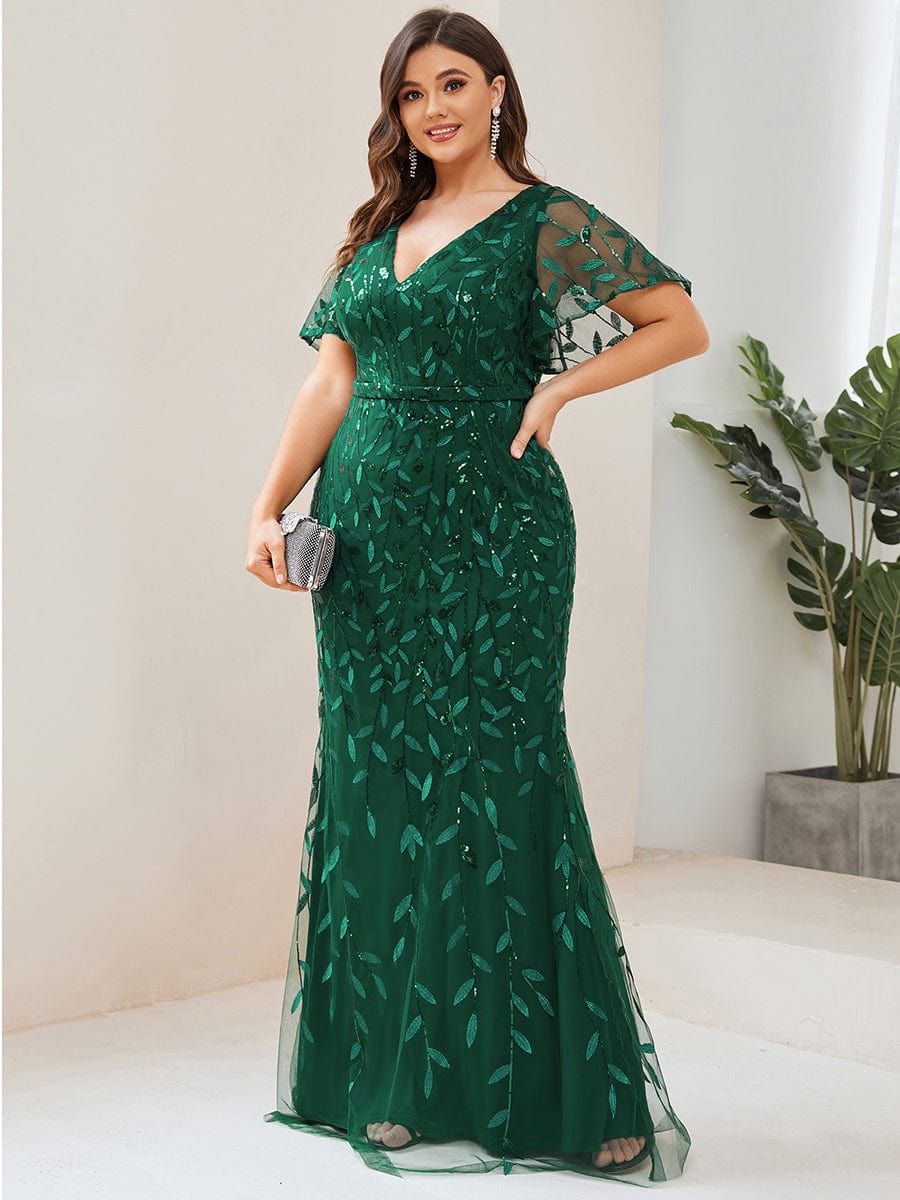 Fashion Plus Size V Neck Mermaid Sequin & Tulle Evening Dress #color_Dark Green