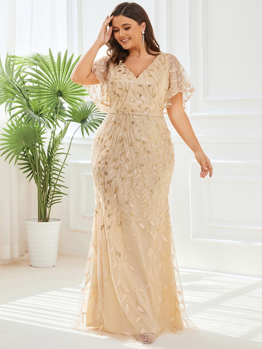 Fashion Plus Size V Neck Mermaid Sequin & Tulle Evening Dress #color_Gold