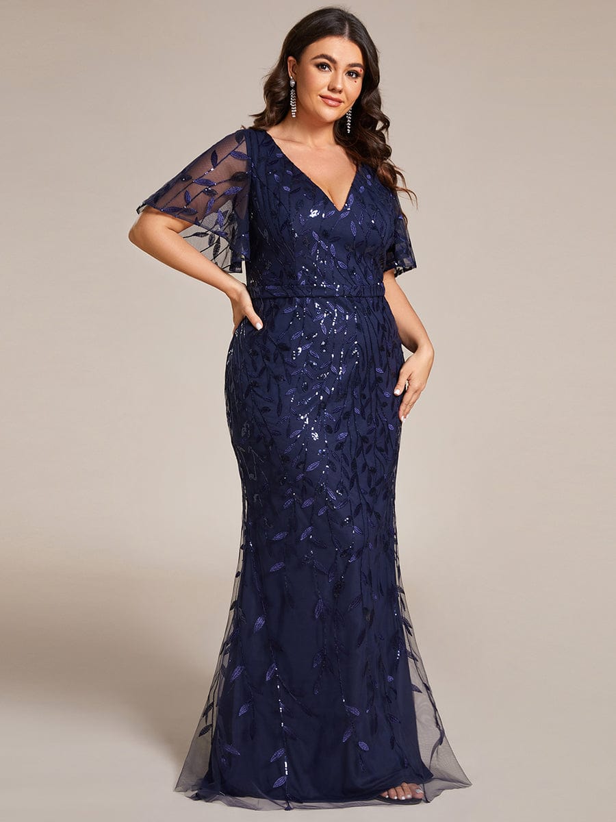 Fashion Plus Size V Neck Mermaid Sequin & Tulle Evening Dress #color_Navy Blue