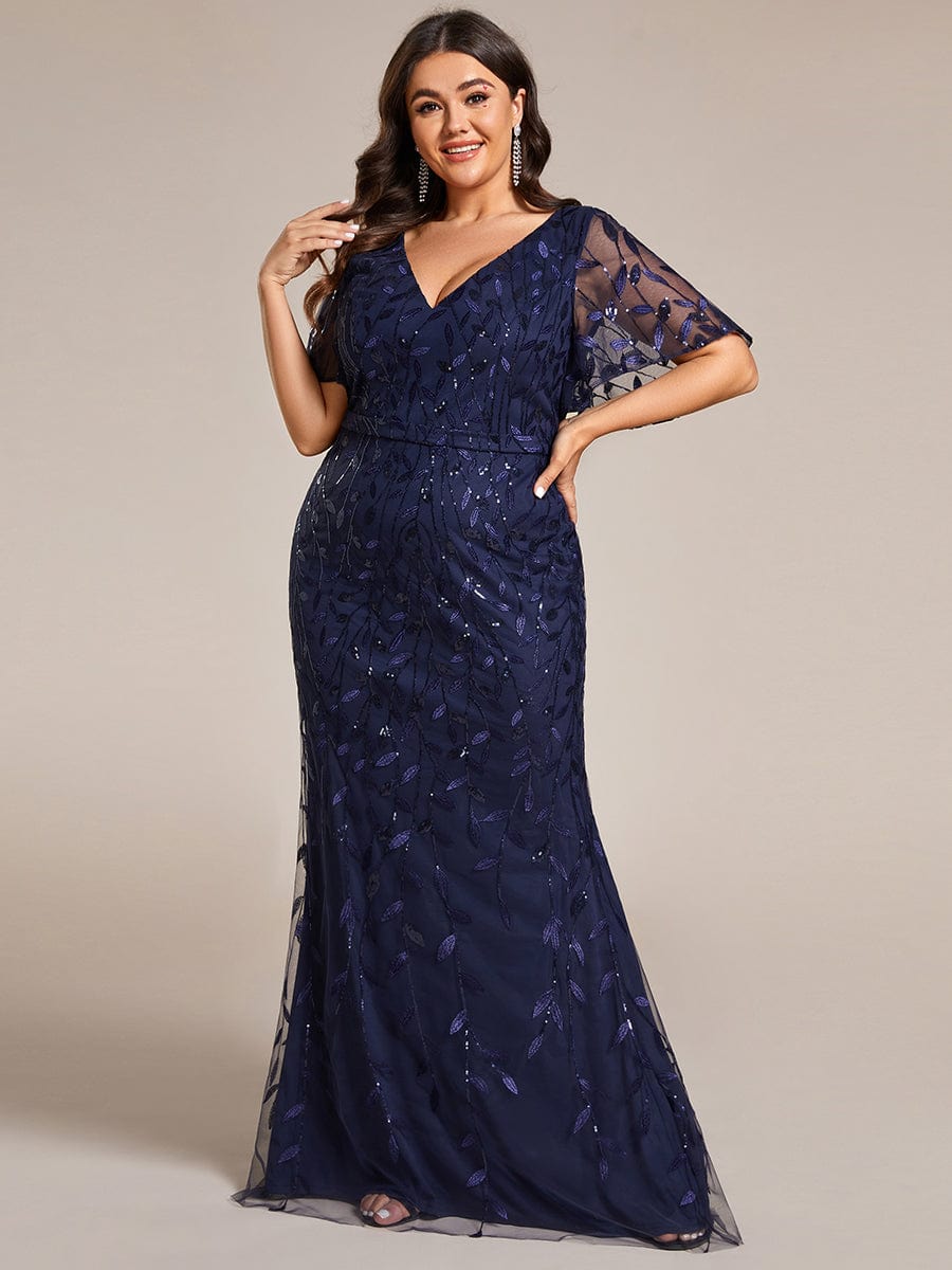 Fashion Plus Size V Neck Mermaid Sequin & Tulle Evening Dress #color_Navy Blue