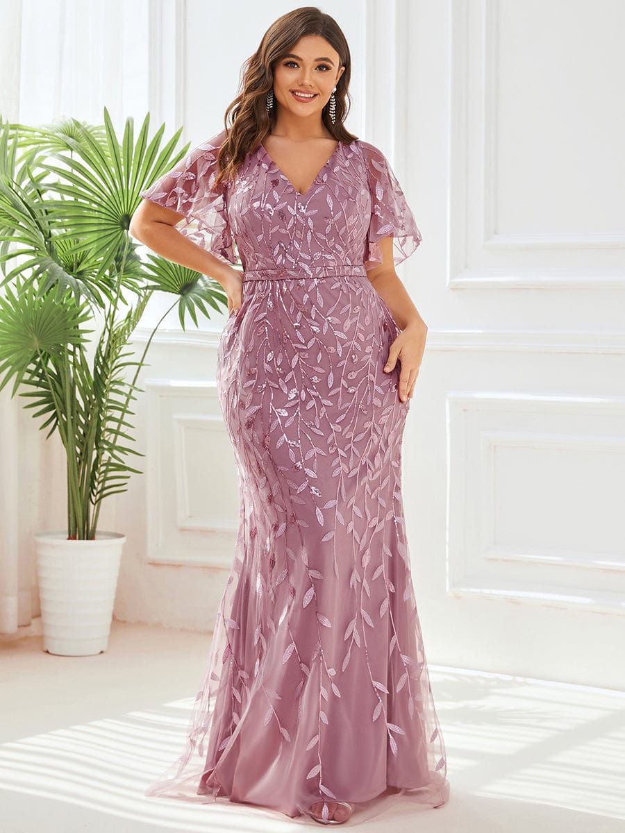 Fashion Plus Size V Neck Mermaid Sequin & Tulle Evening Dress #color_Purple Orchid