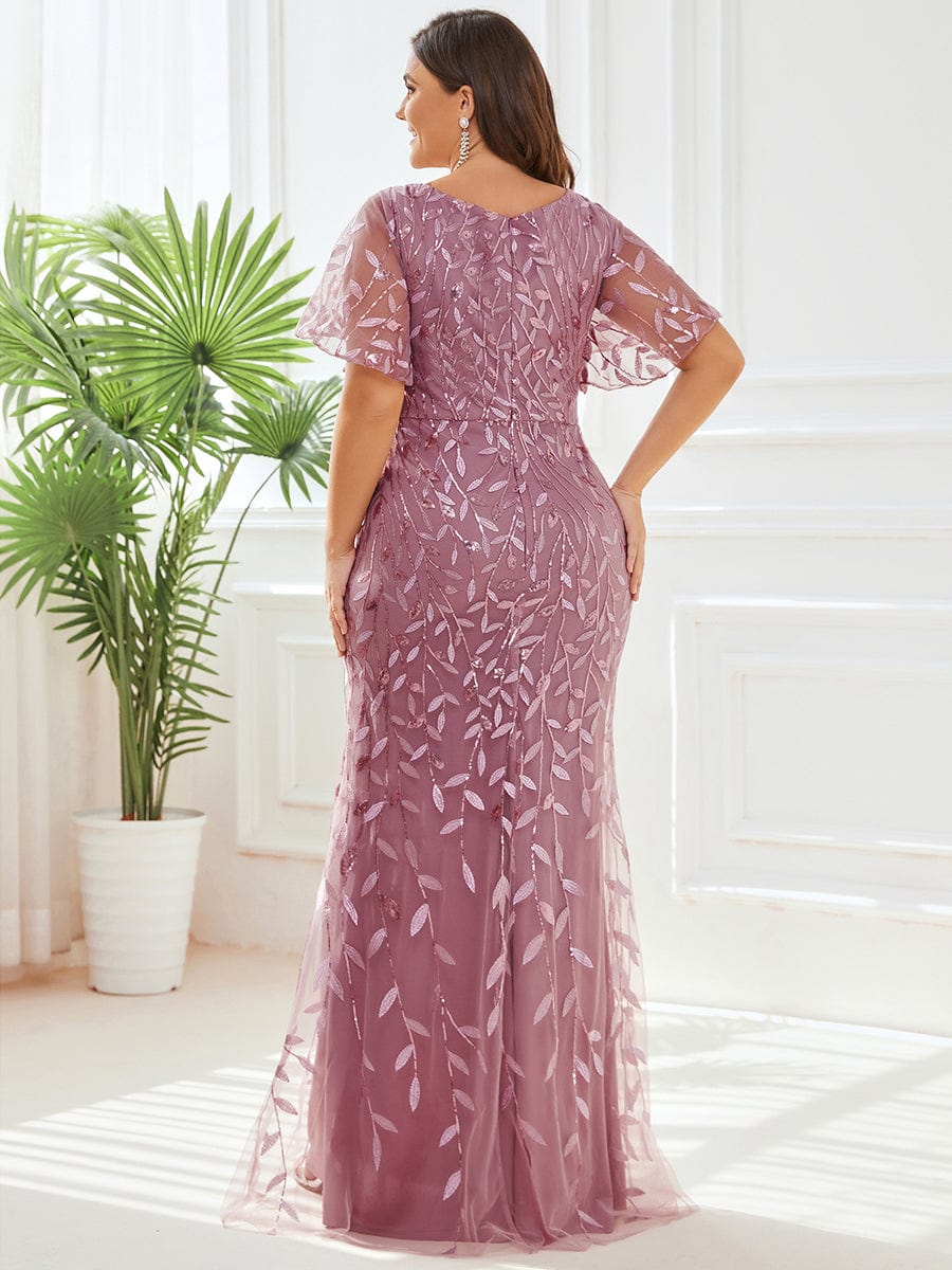 Fashion Plus Size V Neck Mermaid Sequin & Tulle Evening Dress #color_Purple Orchid