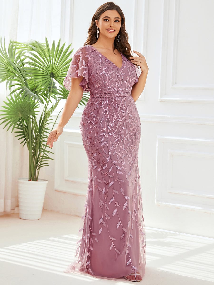 Fashion Plus Size V Neck Mermaid Sequin & Tulle Evening Dress #color_Purple Orchid