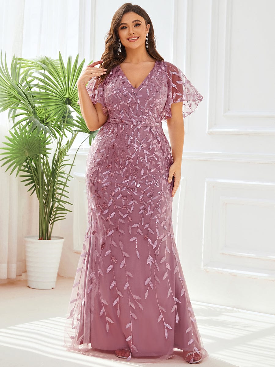 Fashion Plus Size V Neck Mermaid Sequin & Tulle Evening Dress #color_Purple Orchid