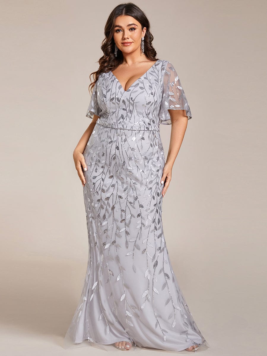 Fashion Plus Size V Neck Mermaid Sequin & Tulle Evening Dress #color_Silver