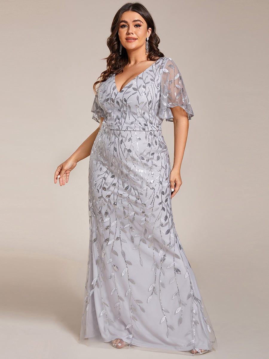 Fashion Plus Size V Neck Mermaid Sequin & Tulle Evening Dress #color_Silver