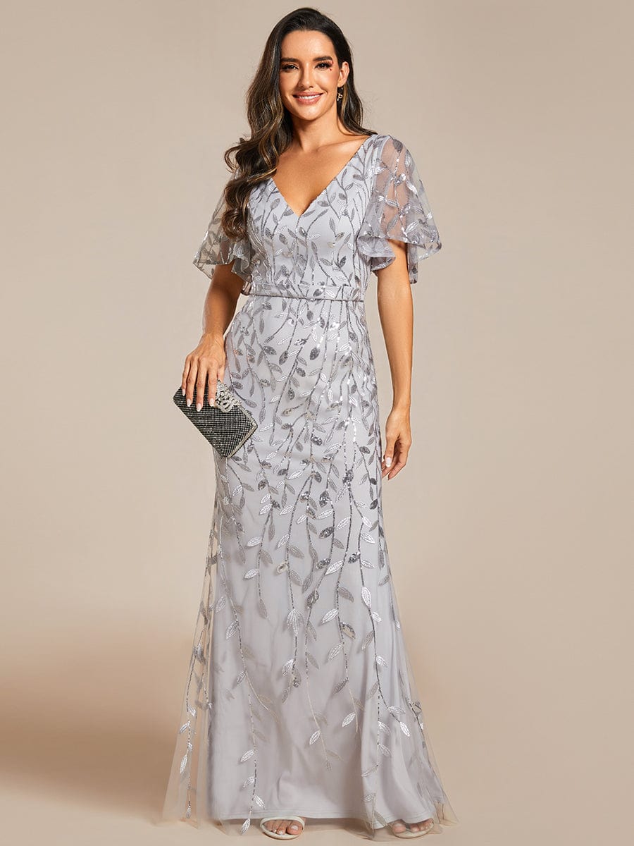 Gorgeous V Neck Leaf-Sequined Fishtail Party Dress #color_Silver