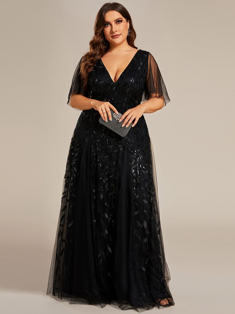 Plus Size romantic shimmery v neck ruffle sleeves evening gown #color_Black