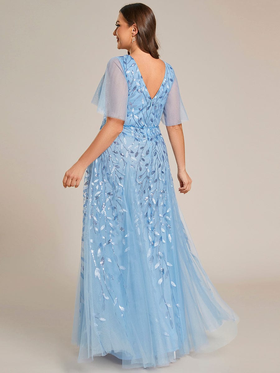 Plus Size romantic shimmery v neck ruffle sleeves evening gown #color_Sky Blue