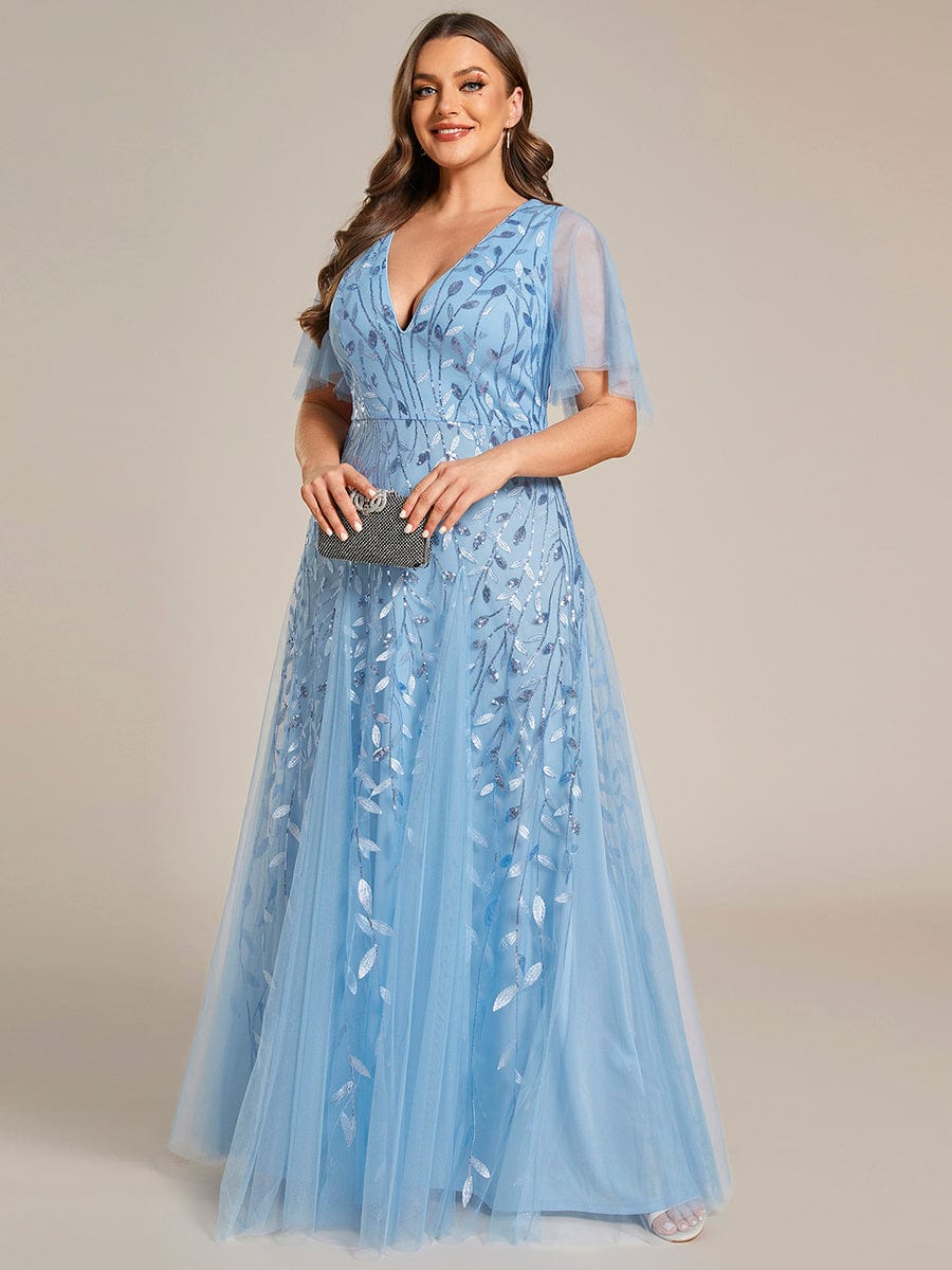 Plus Size romantic shimmery v neck ruffle sleeves evening gown #color_Sky Blue