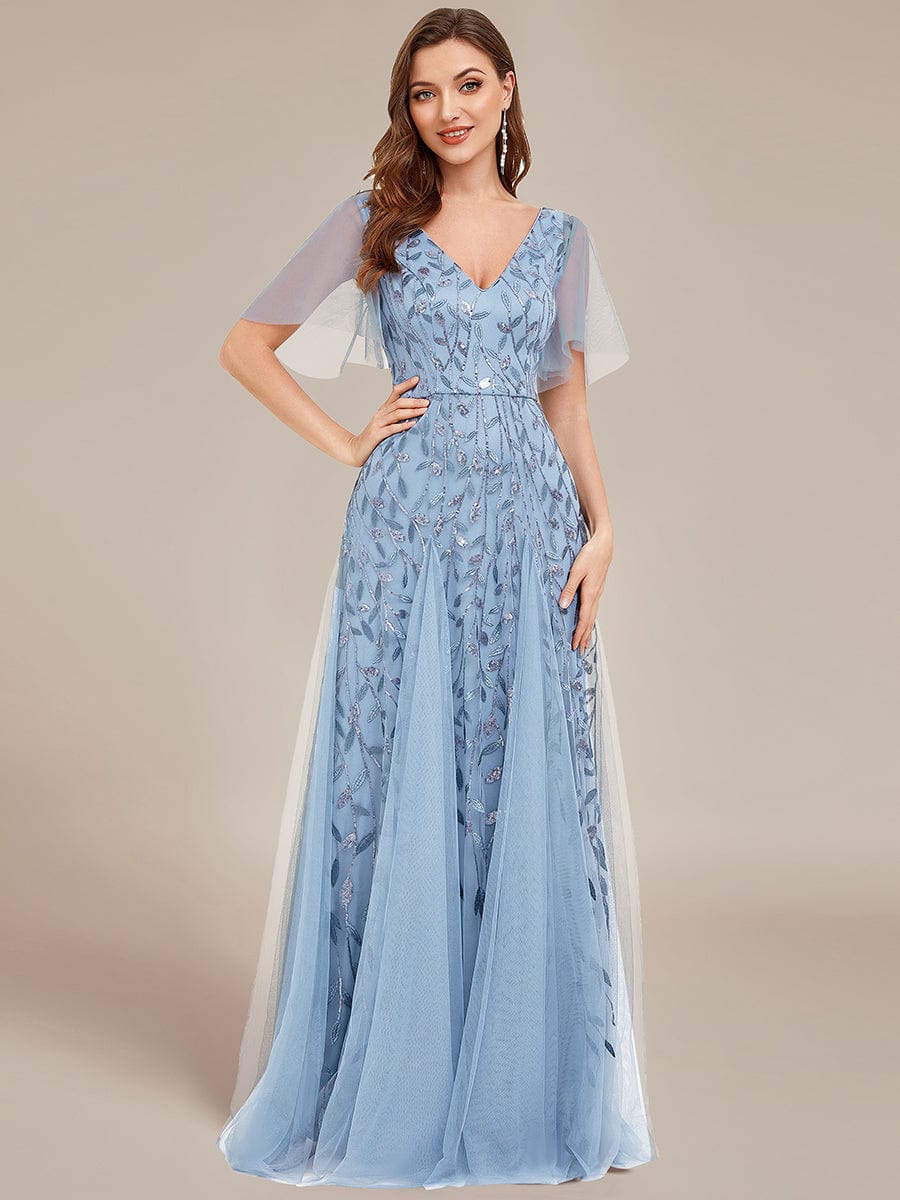 Stunning V Neck Long Wedding Guest Dress with Ruffle Sleeves #color_Sky Blue