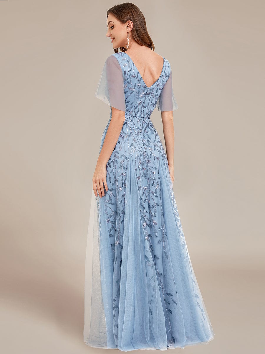 Stunning V Neck Long Wedding Guest Dress with Ruffle Sleeves #color_Sky Blue