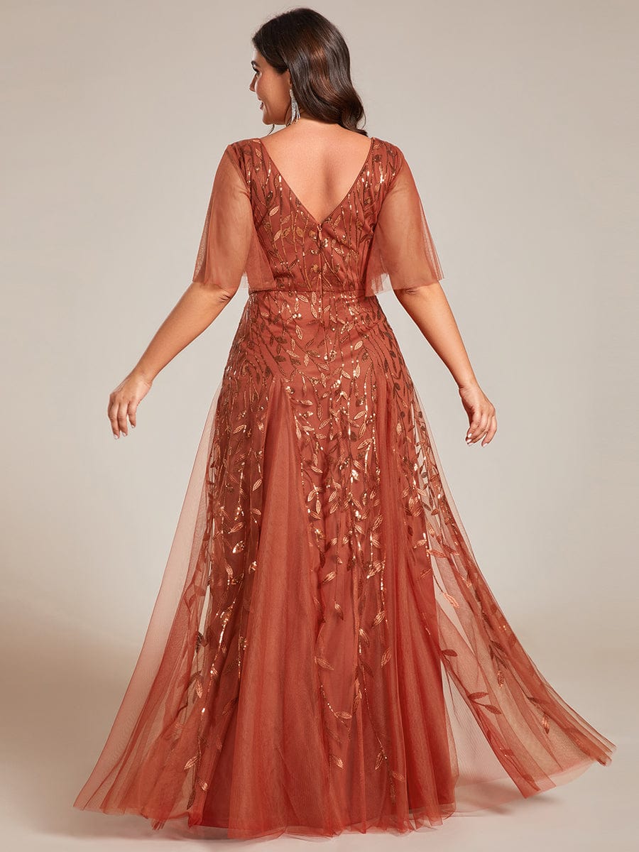 Plus Size romantic shimmery v neck ruffle sleeves evening gown #color_Burnt Orange