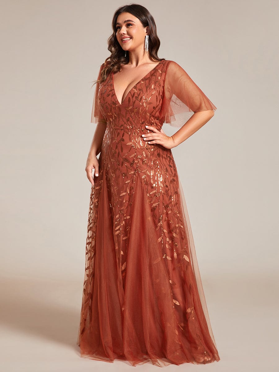 Plus Size romantic shimmery v neck ruffle sleeves evening gown #color_Burnt Orange