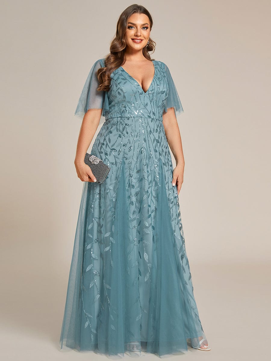 Plus Size romantic shimmery v neck ruffle sleeves evening gown #color_Dusty Blue