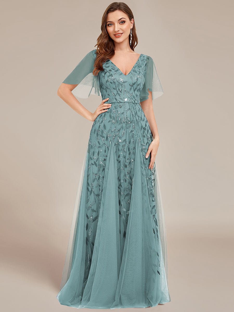 Stunning V Neck Long Wedding Guest Dress with Ruffle Sleeves #color_Dusty Blue