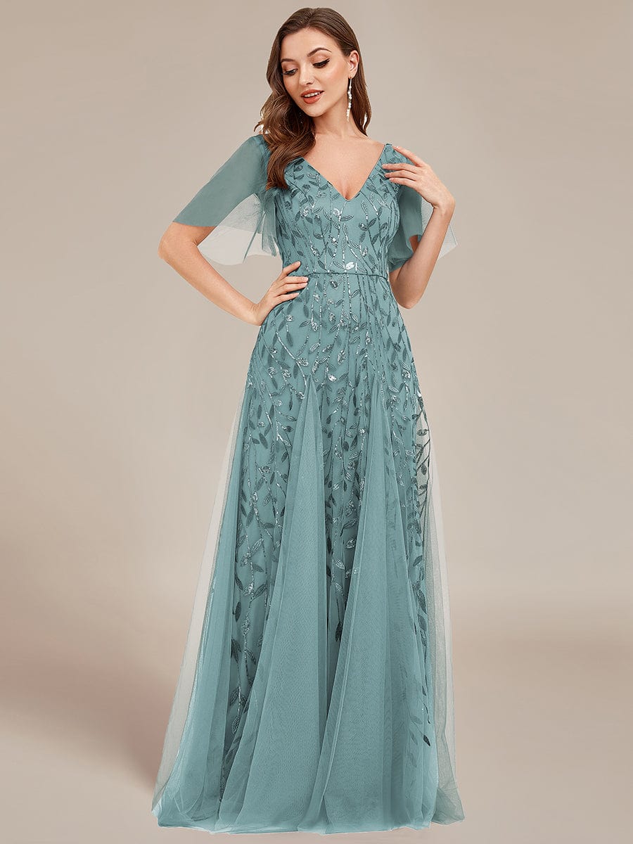 Stunning V Neck Long Wedding Guest Dress with Ruffle Sleeves #color_Dusty Blue