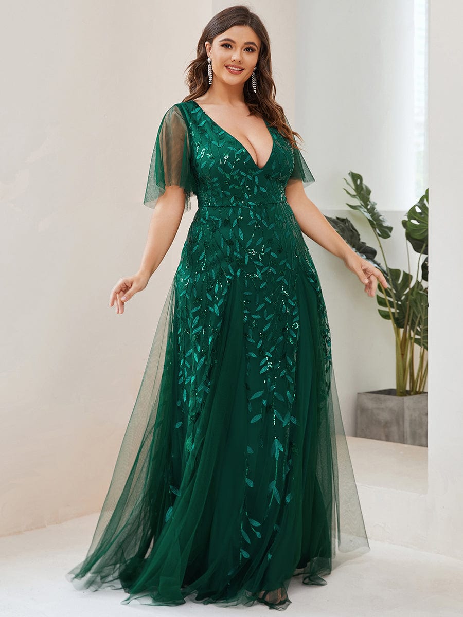 Stunning V Neck Long Wedding Guest Dress with Ruffle Sleeves #color_Dark Green