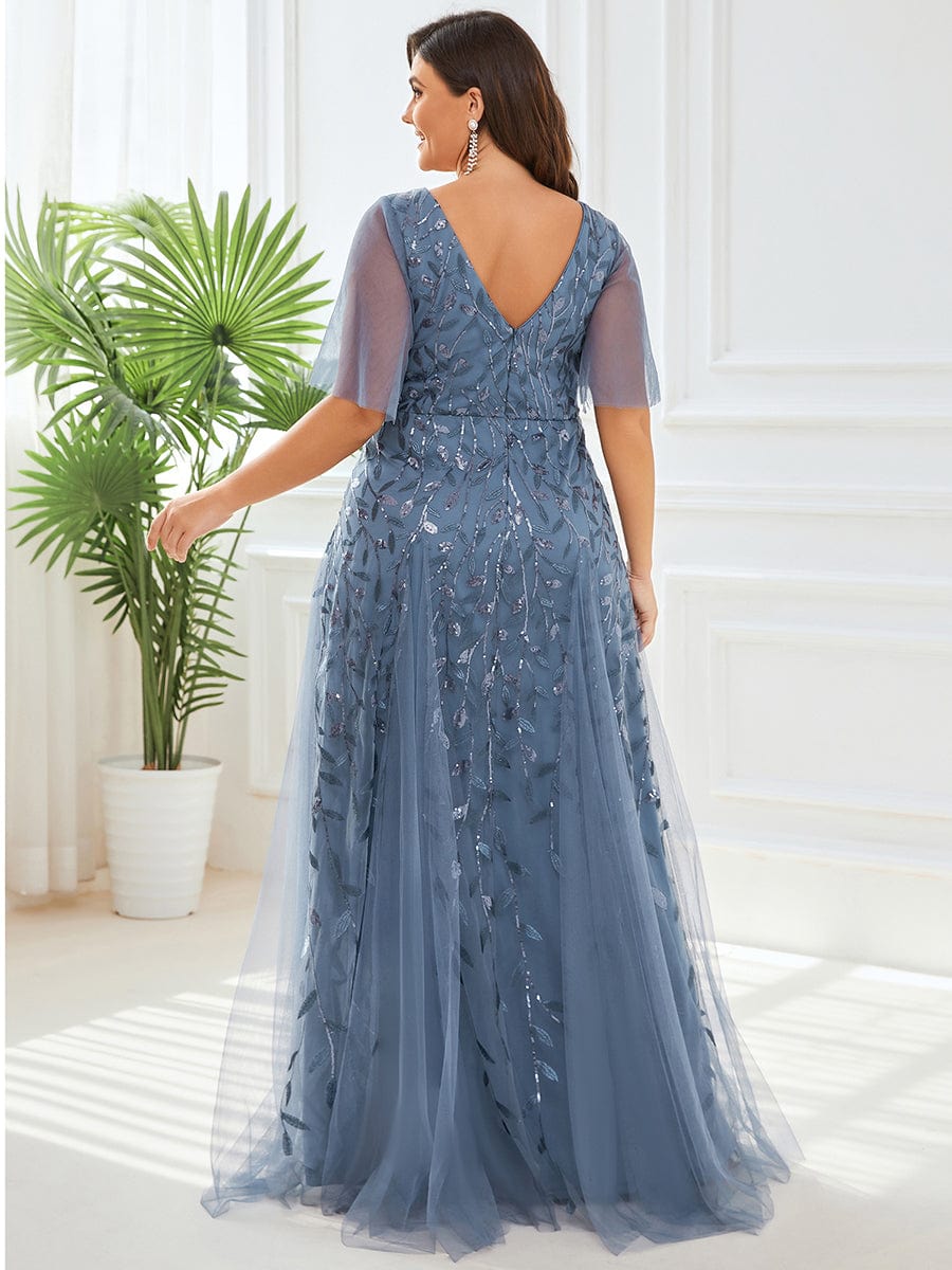 Plus Size romantic shimmery v neck ruffle sleeves evening gown #color_Dusty Navy